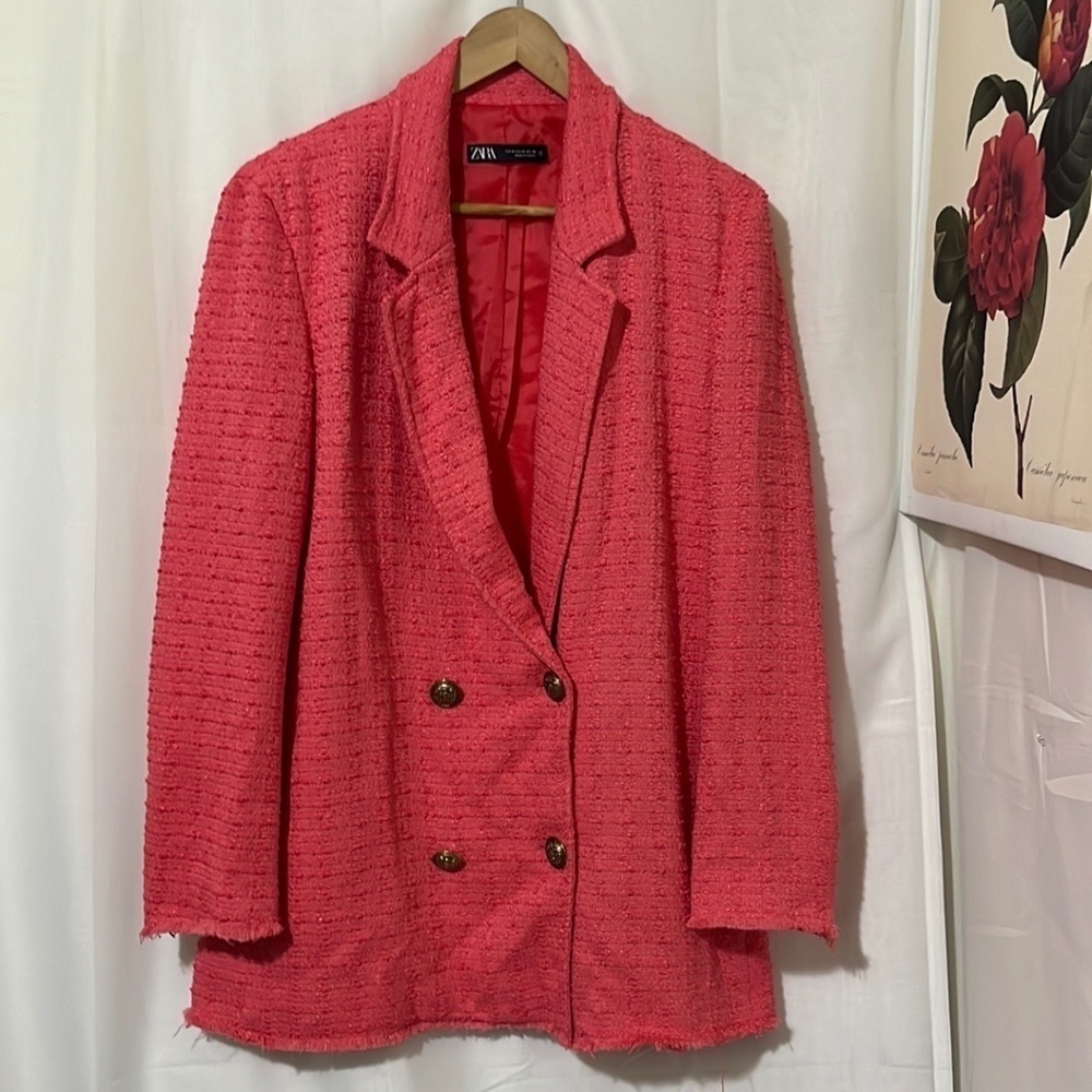 Zara Oversized Pink Blazer with Gold Toned Buttons